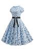 Load image into Gallery viewer, Light Blue Printed Cap Sleeves 1950s Dress