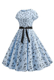 Light Blue Printed Cap Sleeves 1950s Dress