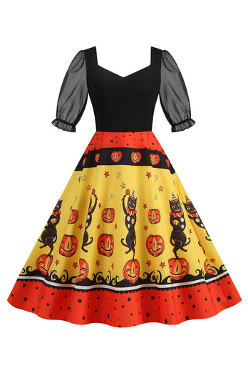 Black A Line Halloween Printed Vintage Dress