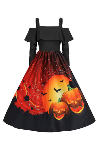 Halloween Pumpkin Printed Black Cold Shoulder VIntage Dress