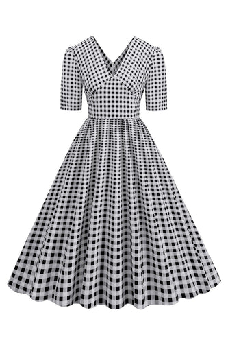 Black Plaid V-Neck Short Sleeves 1950s Dress