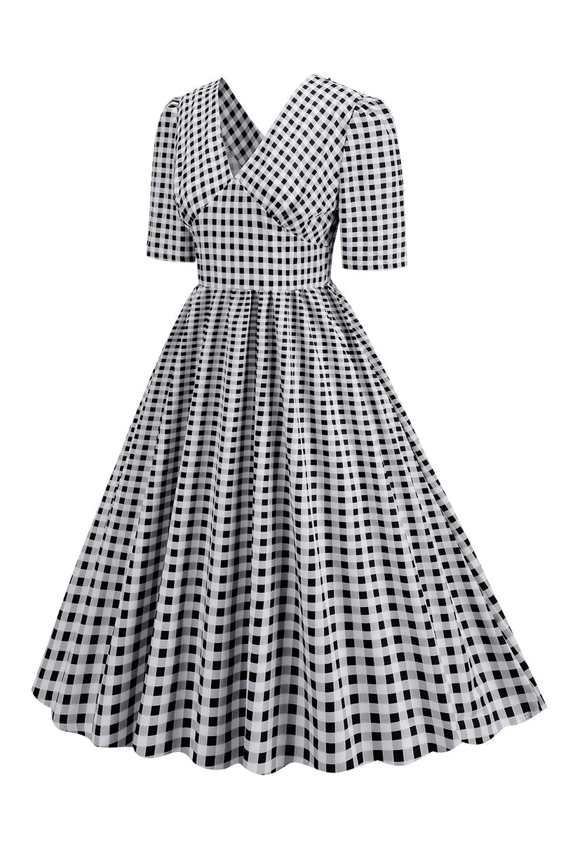 Load image into Gallery viewer, Black Plaid V-Neck Short Sleeves 1950s Dress