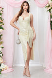 Sequined Apricot Sheath Sleeveless Party Dress With Slit