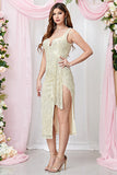 Sequined Apricot Sheath Sleeveless Party Dress With Slit