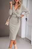 Bodycon Apricot V Neck 3/4 Sleeves Work Dress