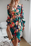 Dark Green Long Sleeves V Neck Printed Work Dress