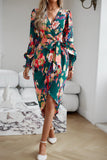 Dark Green Long Sleeves V Neck Printed Work Dress