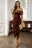 Brown Off the Shoulder Bodycon Work Dress