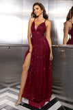 Burgundy Spaghetti Straps Open Back Formal Dress With Slit