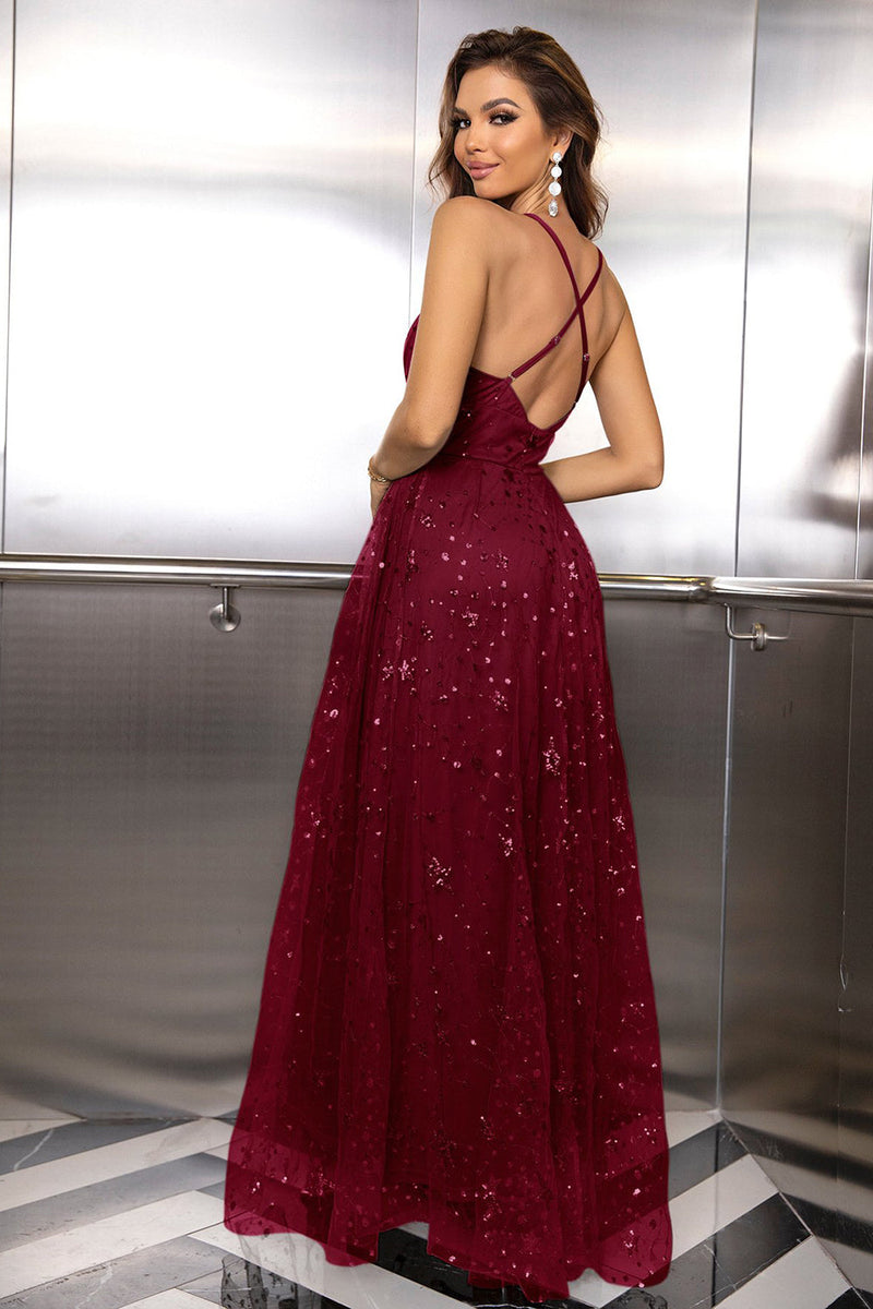 Load image into Gallery viewer, Burgundy Spaghetti Straps Open Back Formal Dress With Slit