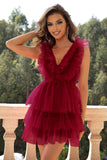 Red Deep V Neck Open Back Short Formal Dress With Ruffles