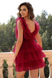 Red Deep V Neck Open Back Short Formal Dress With Ruffles