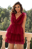 Red Deep V Neck Open Back Short Formal Dress With Ruffles