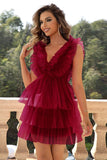 Red Deep V Neck Open Back Short Formal Dress With Ruffles