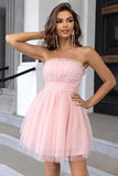 Pink Strapless A Line Tulle Short Formal Dress