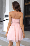 Pink Strapless A Line Tulle Short Formal Dress