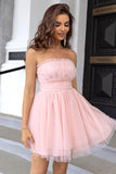 Pink Strapless A Line Tulle Short Formal Dress