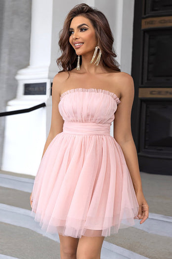 Pink Strapless A Line Tulle Short Formal Dress