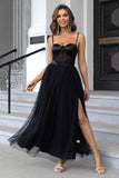 Black Spaghetti Straps A Line Tulle Open Back Long Formal Dress