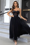 Black Spaghetti Straps A Line Tulle Open Back Long Formal Dress