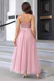 Black Spaghetti Straps A Line Tulle Open Back Long Formal Dress