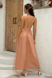 Fuchsia Deep V Neck A Line Sparkly Long Formal Dress With Slit