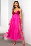 Fuchsia Deep V Neck A Line Sparkly Long Formal Dress With Slit