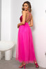 Load image into Gallery viewer, Fuchsia Deep V Neck A Line Sparkly Long Formal Dress With Slit