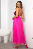 Fuchsia Deep V Neck A Line Sparkly Long Formal Dress With Slit