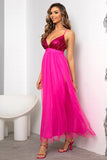 Fuchsia Deep V Neck A Line Sparkly Long Formal Dress With Slit