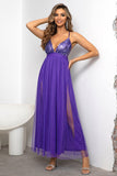 Fuchsia Deep V Neck A Line Sparkly Long Formal Dress With Slit