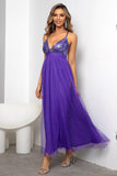 Fuchsia Deep V Neck A Line Sparkly Long Formal Dress With Slit