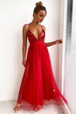 Fuchsia Deep V Neck A Line Sparkly Long Formal Dress With Slit