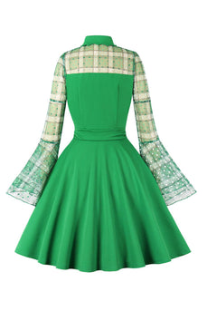 Plaid Long Sleeves Green Vintage Dress