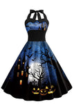 Halloween Printed Halter Blue Vintage Dress