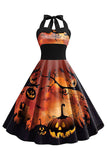 Halloween Printed Halter Blue Vintage Dress