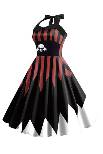 Halloween Skull Printed Halter Black Brown Vintage Dress