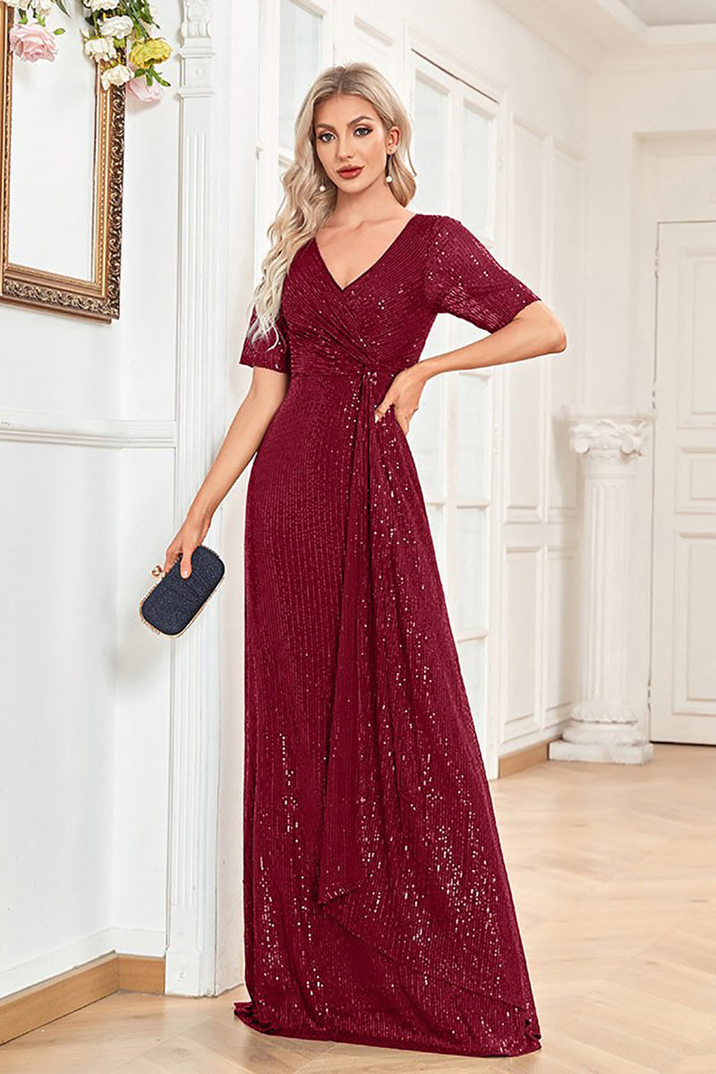 Load image into Gallery viewer, Burgundy Sequin Short Sleeves Long Formal Dress