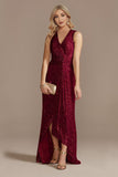 Champagne V-Neck High Low Sequin Formal Dress