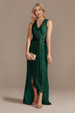 Champagne V-Neck High Low Sequin Formal Dress