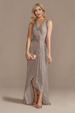 Champagne V-Neck High Low Sequin Formal Dress