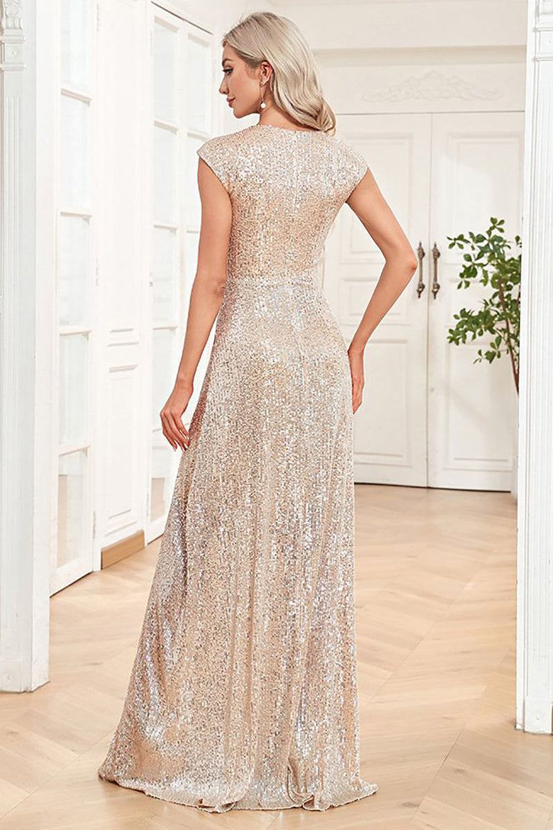 Load image into Gallery viewer, Champagne Sleeveless V-Neck A Line Sparkly Formal Dress
