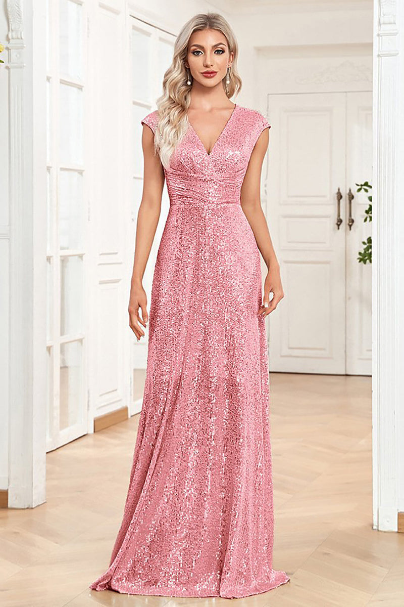 Load image into Gallery viewer, Champagne Sleeveless V-Neck A Line Sparkly Formal Dress