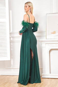 Dark Green Detachable Sleeves Spaghetti Straps Long Formal Dress