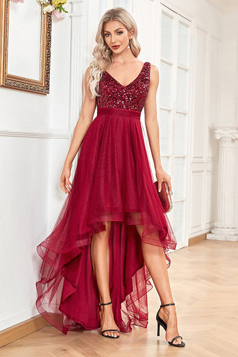 High Low Burgundy Sparkly Sequin V-Neck Formal Dress