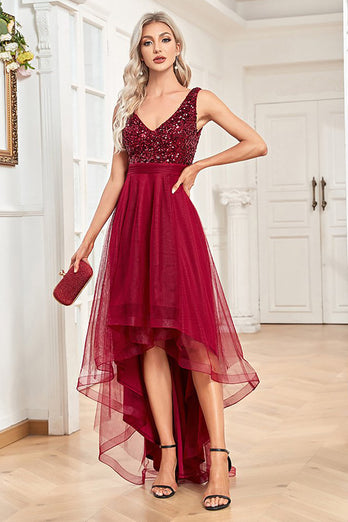 High Low Burgundy Sparkly Sequin V-Neck Formal Dress