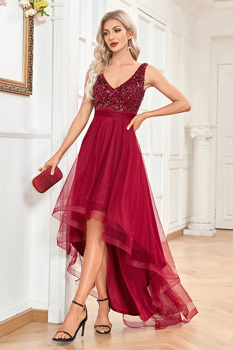 Load image into Gallery viewer, High Low Burgundy Sparkly Sequin V-Neck Formal Dress