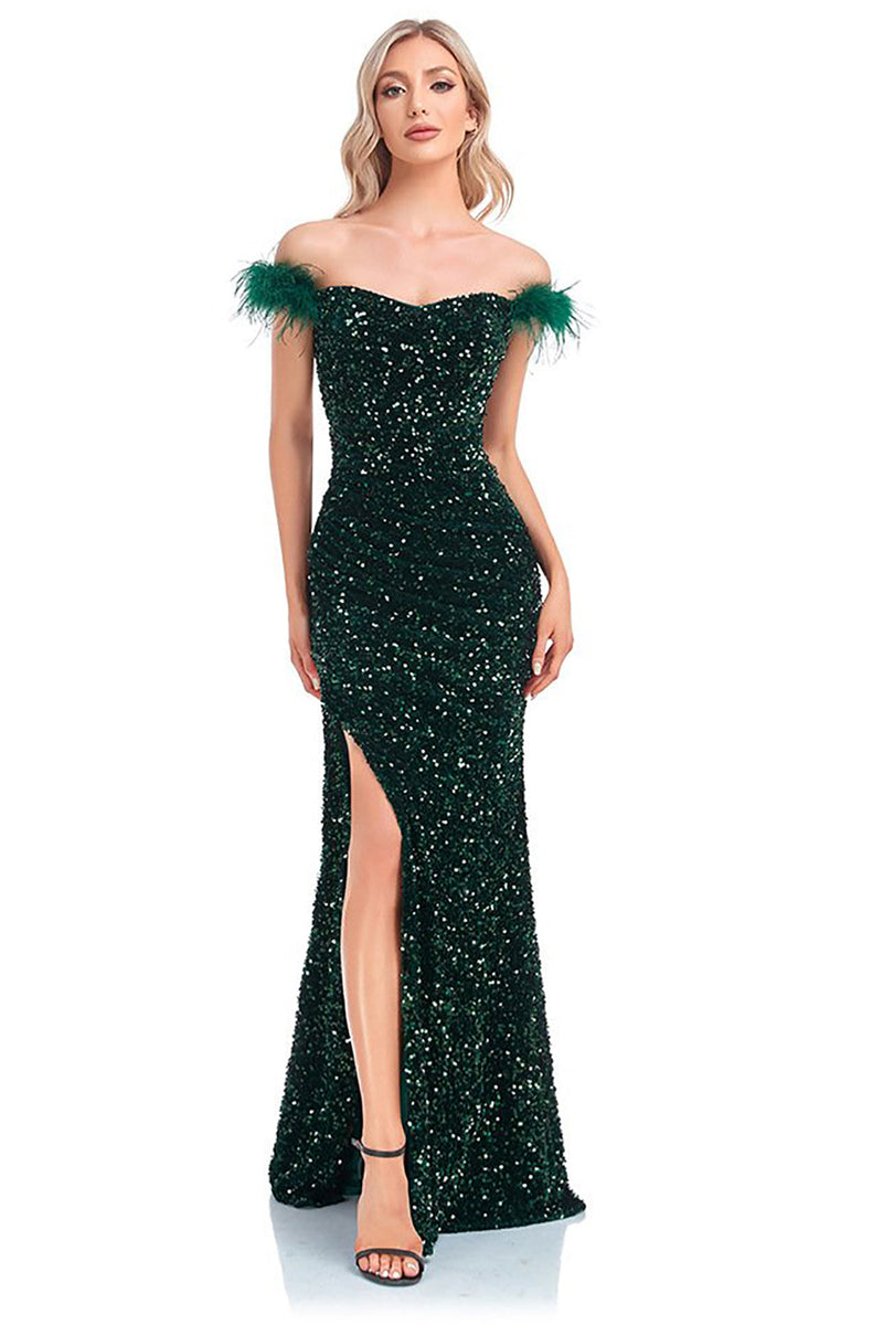 Load image into Gallery viewer, Sparkly Sequin Dark Green Mermaid Off the Shoulder Formal Dress With Slit