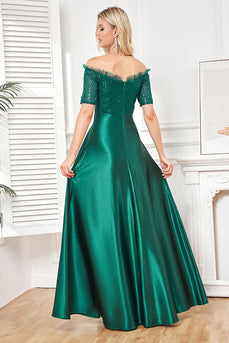 Off the Shoulder Dark Green Sparkly Sequin Long Formal Dress With Slit