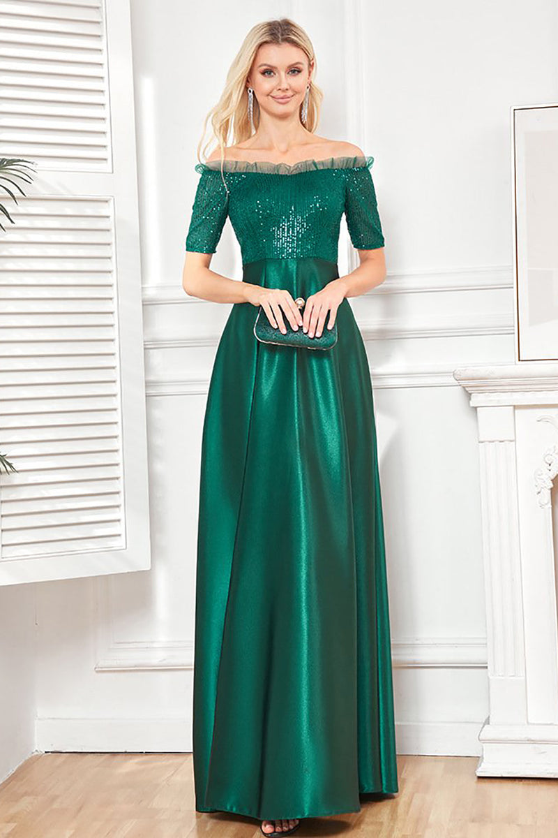 Load image into Gallery viewer, Off the Shoulder Dark Green Sparkly Sequin Long Formal Dress With Slit
